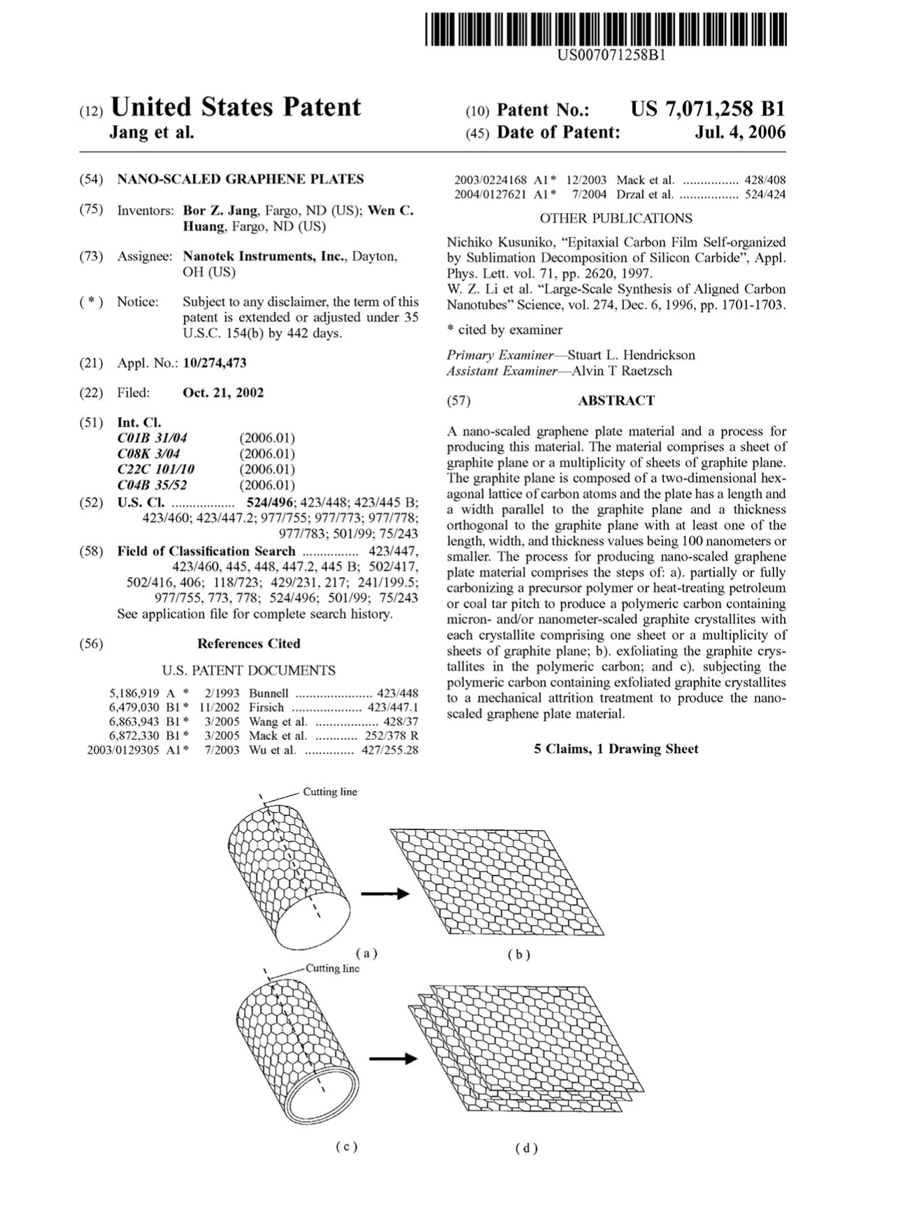 US Patent No.: US7,071,258 B1 detailing the world's first patent on Graphene.